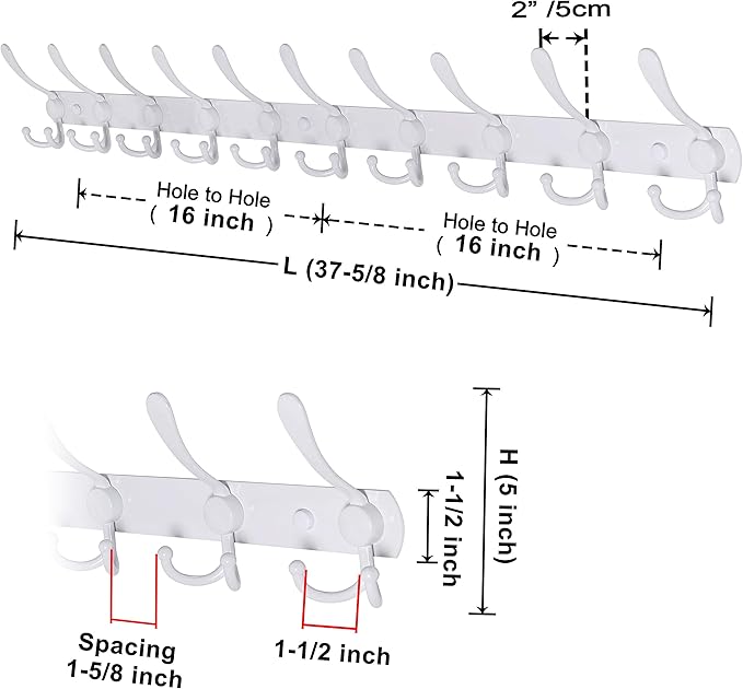 Dseap Coat Rack Wall Mount - 38” Long 10-Tri-Hooks Heavy Duty Coat Hanger Rail Wall Hooks for Hanging Coats Hats Clothing Clo