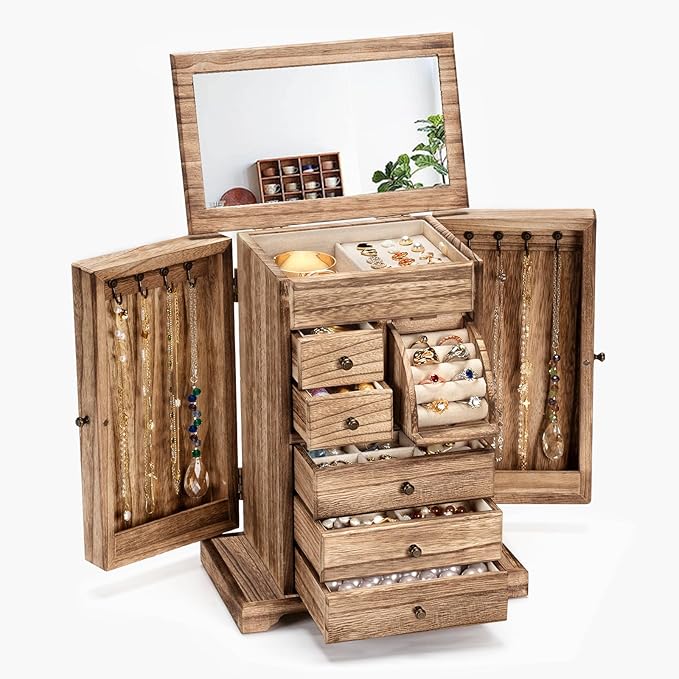 Jewelry Box for Women, Rustic Wooden Jewelry Boxes & Organizers with Mirror & Drawers,6 Layer Jewelry Organizer Box for Rings