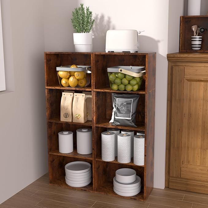 Wooden 4 Cube Storage Organizer, 4 Tier Tall Vintage Bookshelf Freestanding Storage Display Organizer, Versatile Cubes Shelf 