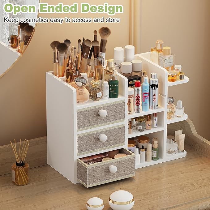 Large Makeup Organizer Countertop With Brush Holder Drawer For Vanity,Bamboo Bathroom Counter Organizers And Storage,Cosmetic