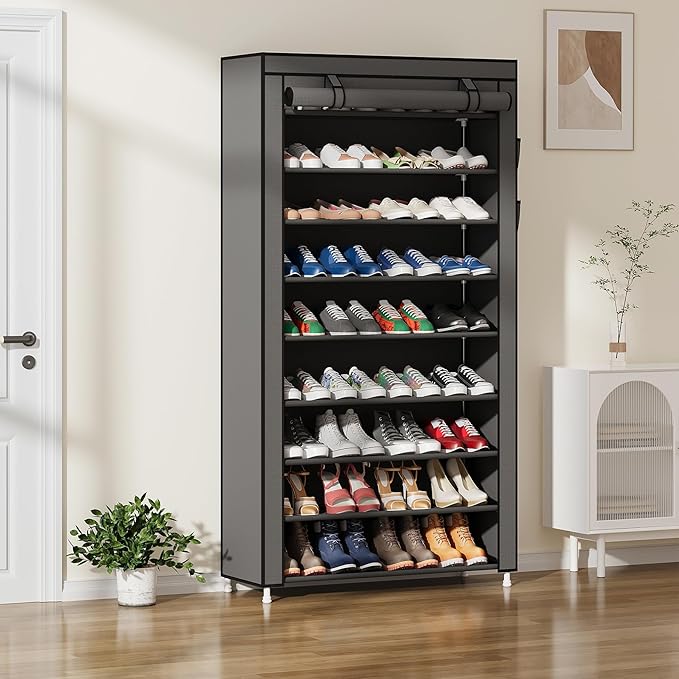 Laiensia 9-Tier Vertical Shoe Rack Organizer, Space Saving Shoe Storage Organizer, Non-Woven Cover Shoe Shelf Holds 36-45Pair