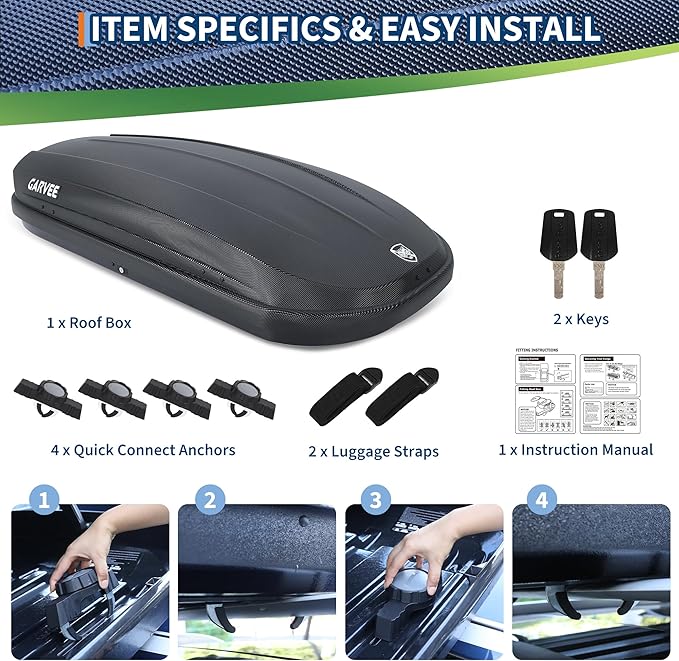 Garvee Rooftop Cargo Box Carrier Dual-Side Opening,12 Cubic Hard Shell Rooftop Cargo Carrier,165Lbs Weight Capacity with Secure Straps&Keys