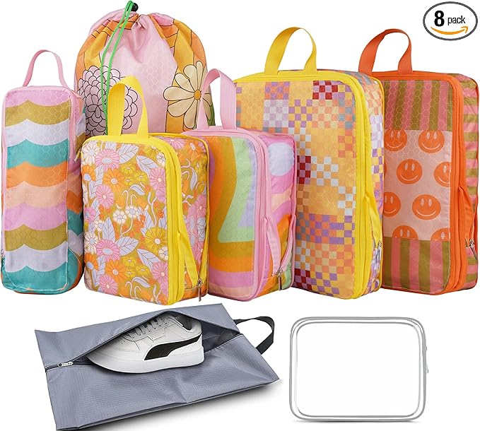 8 Pcs Compression Packing Cubes for Travel, Lightweight Waterproof Luggage Organizer Bags Set, Washable Packaging Cubes for W