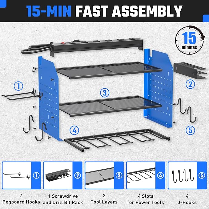 ZESEN Power Tool Organizer with Charging Station, Heavy Duty 4 Layer Drill Holder Wall Mount Garage Shelf Rack with 6 Outlet 