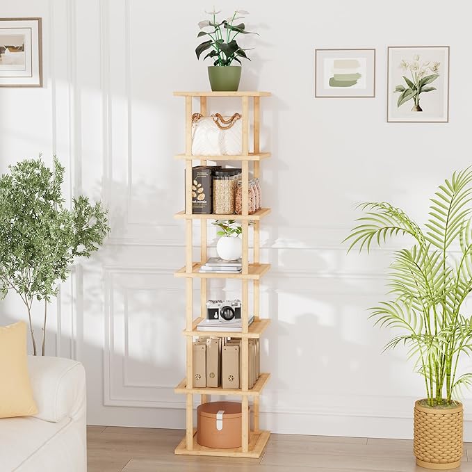 Vertical Tall Shoe Rack For Entryway - Tall 7 Tier Free Standing Slim Narrow Bamboo Wood Shoe Boots Storage Shelf Small Space