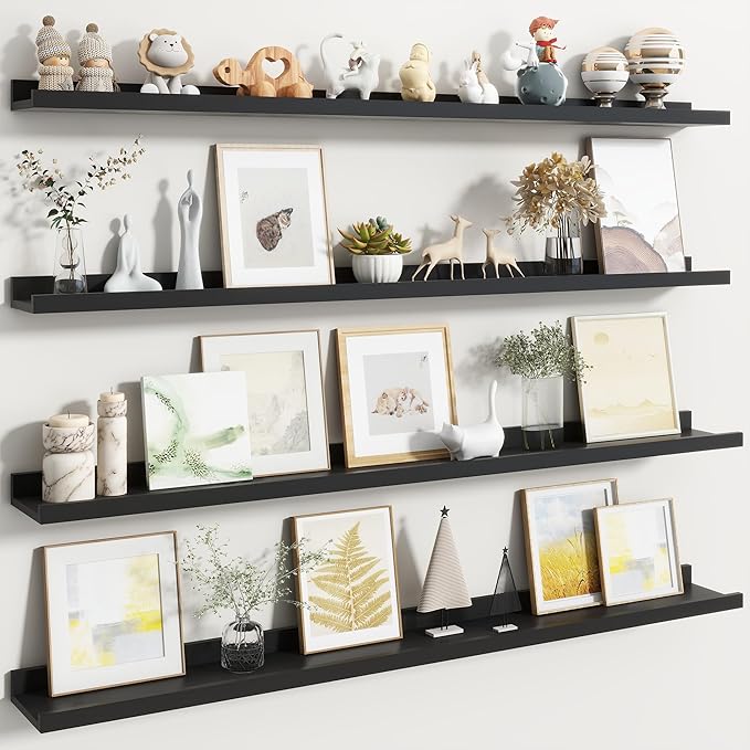 Fun Memories Picture Ledge Shelf, Black Floating Shelves Set of 4, 48 Inch Picture Shelves for Wall with Ledge, Large Nursery