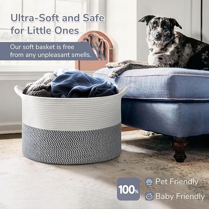 INDRESSME XXXLarge Cotton Rope Basket 21.7" x 21.7" x 13.8" Woven Baby Laundry Baskets Blanket Basket Toy Baskets with Handle