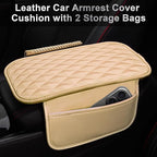 CAR PASS 3D Rhombus Leather Steering Wheel Cover Car Accessories Set, Comfortable Center Console Armrest Cushion with Storage Bags 2 Non-Slip Cup Coasters, 14.5-15in Car Interior Sets, 4 PCS All Beige
