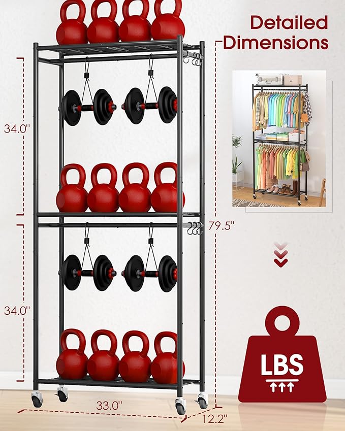 Sakugi Clothes Rack - 33.0" x 12.2" x 79.5" Clothing Rack with Shelves & Wheels, Multi-Functional Wardrobe Closet with Hooks,