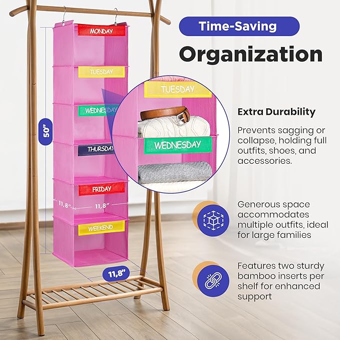 Handy Laundry Hanging Clothes Organizer for Kids - 6-Shelf Closet Daily Clothing Organization Labeled Shelves with Days of Th