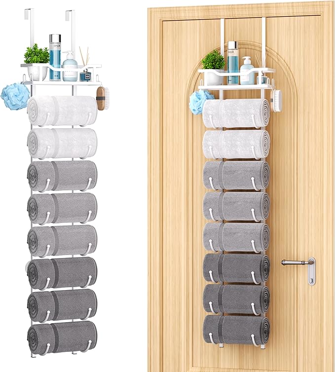 SWTYMIKI Over The Door Towel Rack - 9 Tier Towel Racks for Bathroom Wall Mounted, Towel Holder with Shelf, Hanging Rolled Tow