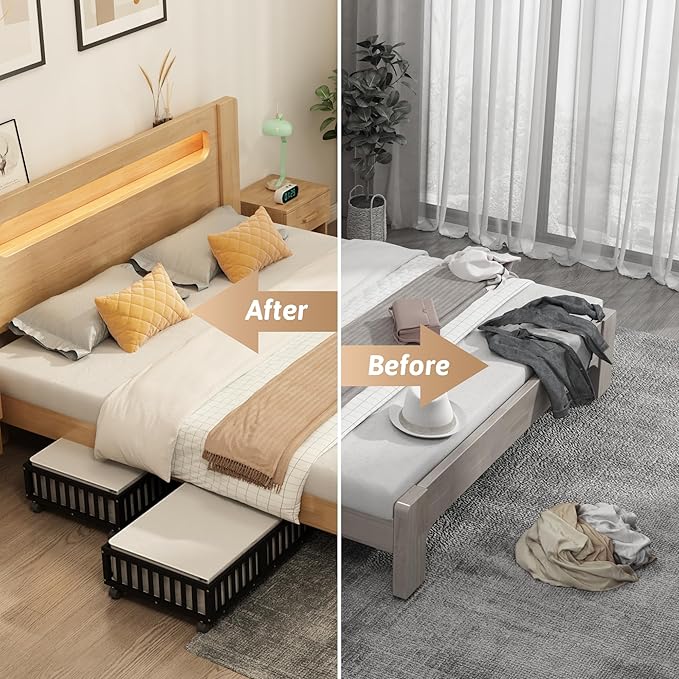 Bamboo Under Bed Storage Containers with Wheels, 2 Pack Under the Bed Shoe Storage Bins, Wood Rolling Underbed Drawers Organi