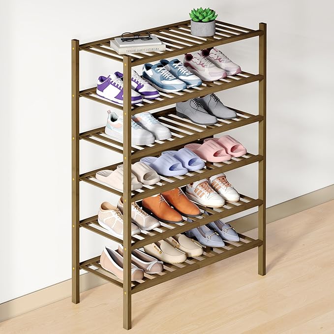 Smiry Bamboo Shoe Rack for Closet, 6 Tier Wooden Stackable Shoe Organizer, Free Standing Shoes Storage Shelf for Entryway, Fr