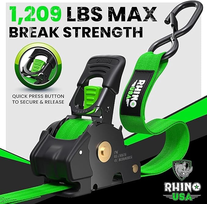 Rhino USA Retractable Ratchet Straps (2-Pack) - 1 Inch x 10 Feet (1,209lb Break Strength) - Auto Self Retracting Tie Down Straps for Truck, Cargo Trailer, Motorcycle, ATV, UTV - Green