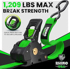 Rhino USA Retractable Ratchet Straps (4-Pack) - 1 Inch x 10 Feet (1,209lb Break Strength) - Auto Self Retracting Tie Down Straps for Truck, Cargo Trailer, Motorcycle, ATV, UTV - Green