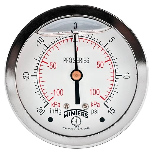 Winters 2-1/2" Dial Size, Liquid Filled Industrial Pressure Gauge, Brass Internals, 304 Stainless Steel Case, Dual Scale 30" Hg-0-15 psi/kPa, 1.5% Acc, 1/4" NPT Back Mount, Pressure and Vacuum Gauge