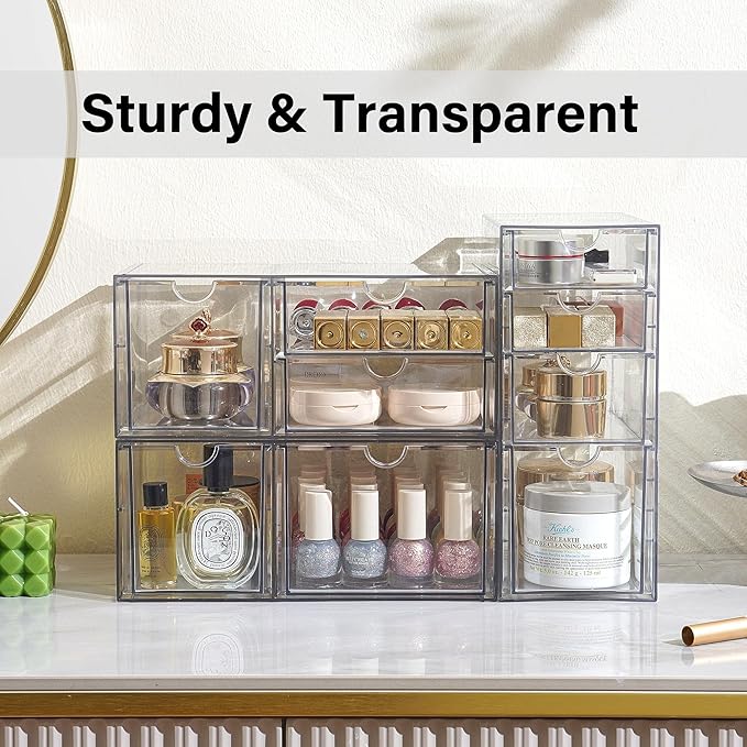 Prsildan Acrylic Drawer Makeup Organizer with 9 Drawers, Set of 3 Office Desk Organizers Accessories, Clear Stackable Storage