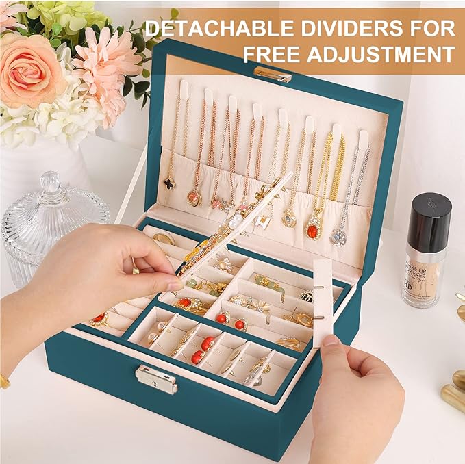 Jewelry Organizer Box Leather Jewelry Box for Girls Womens Earring Organizer with Lock Double Layers Jewelry Case Removable T