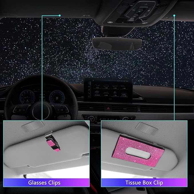 25PCS Bling Car Car Accessories Set,15 Inch Steering Wheel Cover,Shiny License Plate Frame,Center Console Cover and Rearview Mirror Set and Other Car Accessories(Rose Pink)