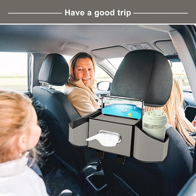 7-In-1 Car Seat Back Organizer with Cup Holders, Tissue Box, Garbage Can&Hooks, Multifunctional Headrest Storage Organizer, Headrest Cup Holder for Backseat, Car Accessories for Trips, Travels(Gray)