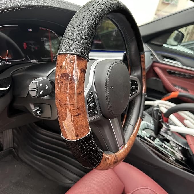 Moyishi Top Leather Steering Wheel Cover Universal Fit Soft Breathable Steering Wheel Wrap (Wood 1)