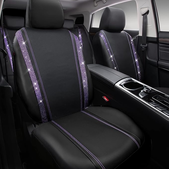 CAR PASS Bling Diamond Car Seat Covers Full Set,Shining Rhinestone Waterproof Faux Leather,Rear with Zipper,Universal Fit Automotive Glitter Crystal Sparkle Strips for Women,Violet Purple Rhinestone