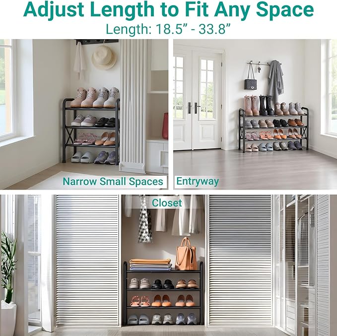 YEASHEIN 3-Tier Expandable Shoe Rack for Closet Floor, X-Frame Metal Small Shoe Rack for Entryway, Adjustable Shoe Shelf Orga