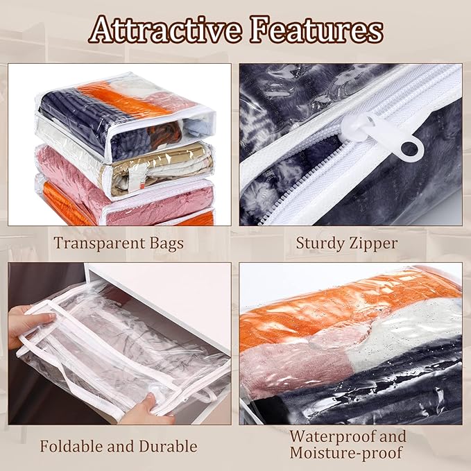 Kingdder 16 Pcs Clear Zippered Storage Bags Plastic Sweater Bags with Zipper 16 x 14 x 2.5 Inch Vinyl Sheet Organizer and Sto