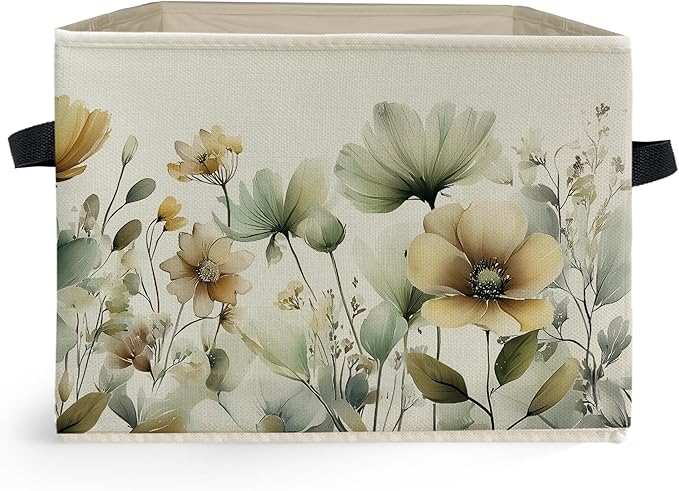 Rustic Floral Storage Box Bins, Sage Green Beige Cottagecore Wildflower Collapsible Storage Basket Organizer for Bedroom Nurs