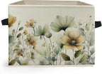 Rustic Floral Storage Box Bins, Sage Green Beige Cottagecore Wildflower Collapsible Storage Basket Organizer for Bedroom Nurs