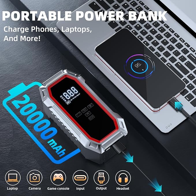 Jump Starter with Air Compressor, 5000A Peak Car Battery Jump Starter(9.0 Gas/8.0L Diesel), 160PSI 12V Jump Box Car Battery
