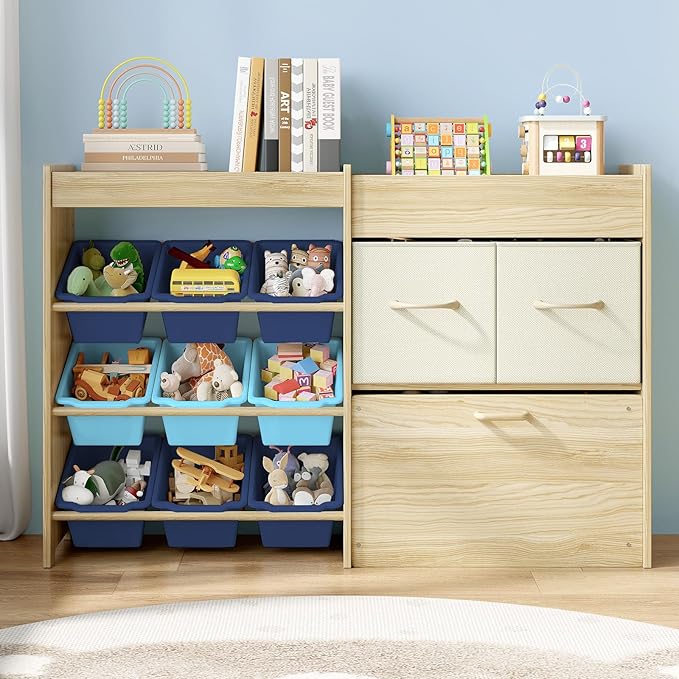 EXPERLAM Toy Storage Organizer for Kids, 9-Bin Toy Organizer with 2-Drawers,Movable Toy Chest and Top Rack, Kids Bookshelf an