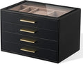 pickpiff Jewelry Box Organizer Case for Women: 4-Layer Jewelry Storage Case with Glass Window, Black Leather with Blush Velve