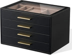 pickpiff Jewelry Box Organizer Case for Women: 4-Layer Jewelry Storage Case with Glass Window, Black Leather with Blush Velve