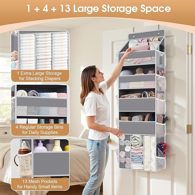 WISELIFE 5-Tier Over the Door Organizer for Hanging - 50LB Heavy-Duty Back of Door Organizer with 5 Spacious Pockets & 13 Mes