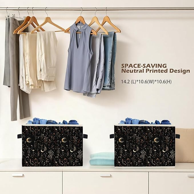 Dark Witchy Moon Floral Storage Box Bins, Mystical Gothic Wildflower Botanical Collapsible Storage Basket Organizer for Bedro