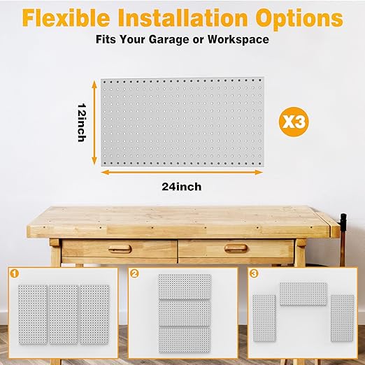 Pegboard Smith Metal Pegboard Panels 12" x 24", 3 Pack Grey Wall Mounted Tool Organizer Boards, Heavy Duty Tool Storage Peg B