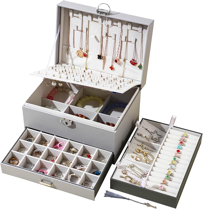 BOOVO Earring Jewelry Box For Women Girl Stud Organizer, 5 Layers Girl Jewelry Organizer Box With Lock Earring Holder Organiz