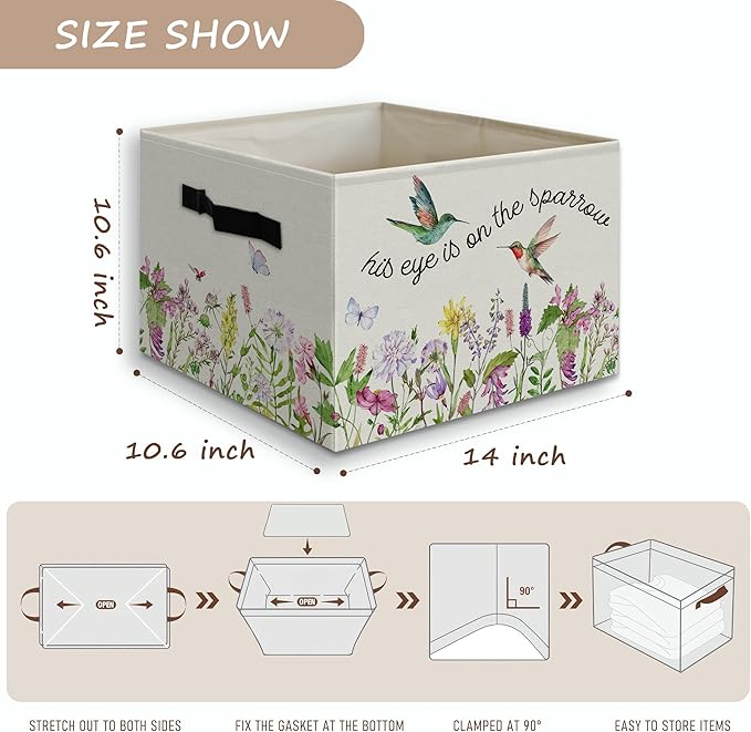 Wildflower Hummingbird Christian Foldable Storage Bins Box with Handles, His Eye Is on the Sparrow Religious Collapsible Orga