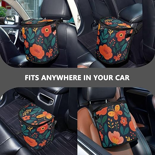 Flowers Car Trash Can with Lid Leak Proof Car Trash Bag Waterproof Car Garbage Can, Multipurpose Trash Bin Hanging for Minivan SUV Truck