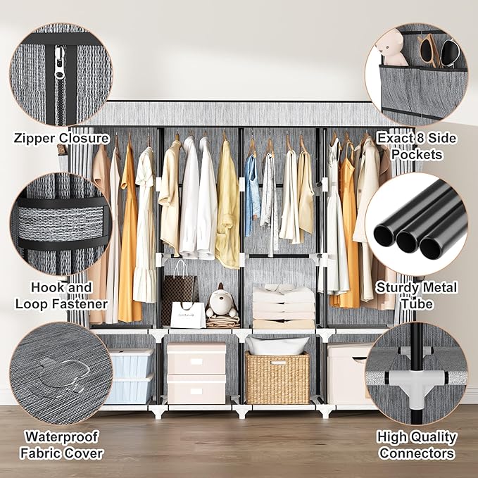 Portable Closet for Hanging Clothes, 67 Inch Wide Portable Wardrobe Closet with Cover, 4 Hanging Rod, Storage Shelves and Sid