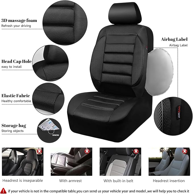 CAR PASS 3D Foam Leather Car Seat Covers Two Front Seats only, Air Cool Mesh Thick Seat Covers, All Weather Car Seat Cover Co