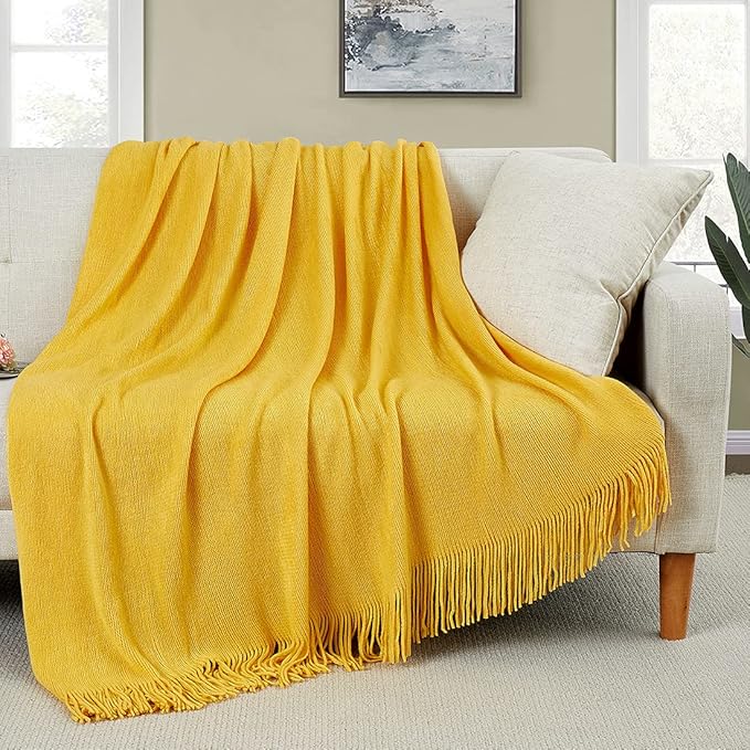 Homiest Decorative Knitted Throw Blanket with Fringe Soft & Cozy Tassel Blanket for Couch Sofa Bed (Mustard Yellow, 50x60)