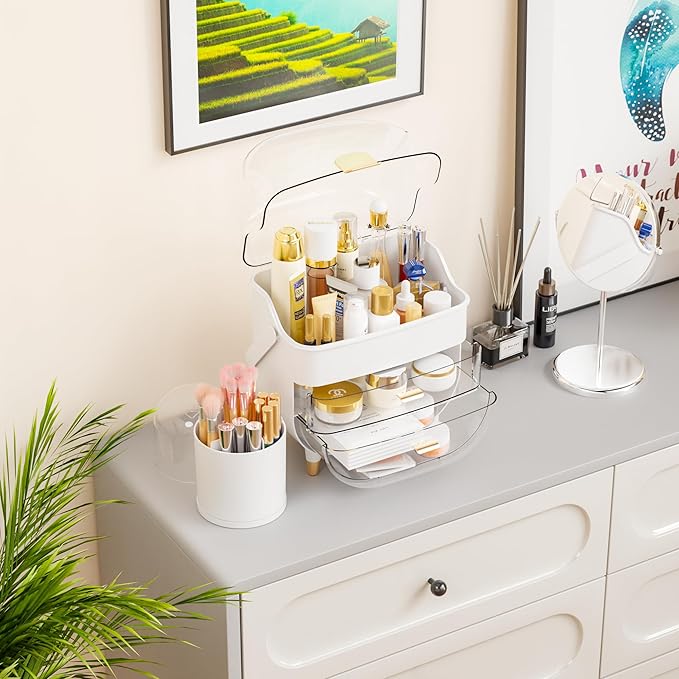 Yieach Makeup Skincare Organizer for Face Care Beauty Product,and Countertop Makeup Organizer with Cover,Make up Brush Holder