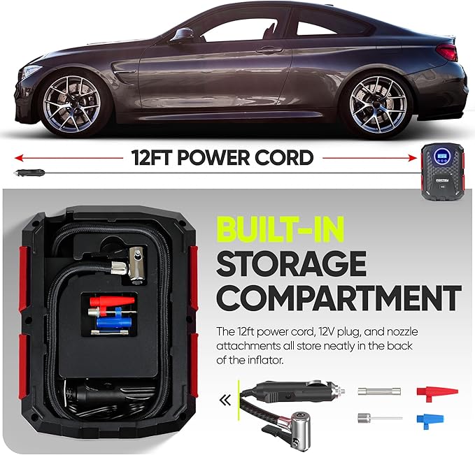 FORTEM Tire Inflator Portable Air Compressor, Air Pump for Car Tires and Bikes, Car Tire Pump w/Auto Shut Off, 150 PSI, 12V DC, LED Light, Carrying Case, for Men, Women