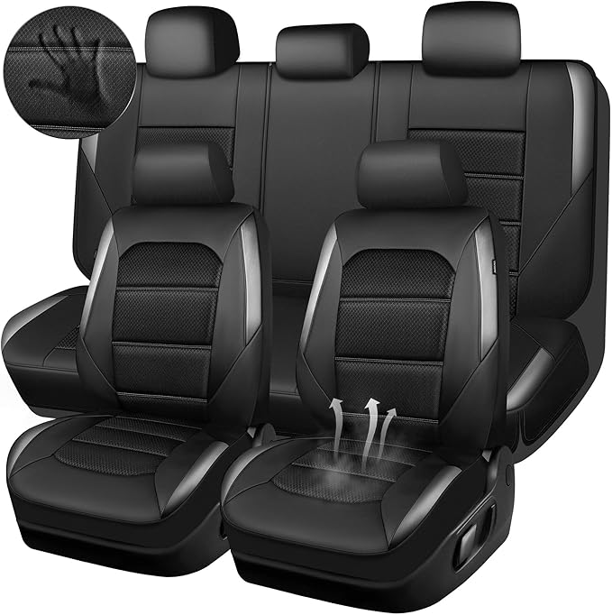CAR PASS Memory Foam Car Seat Covers Full Set,Breathable Mesh Thick Seat Covers for Car,Gray Metal Film Leather Seat Covers,U