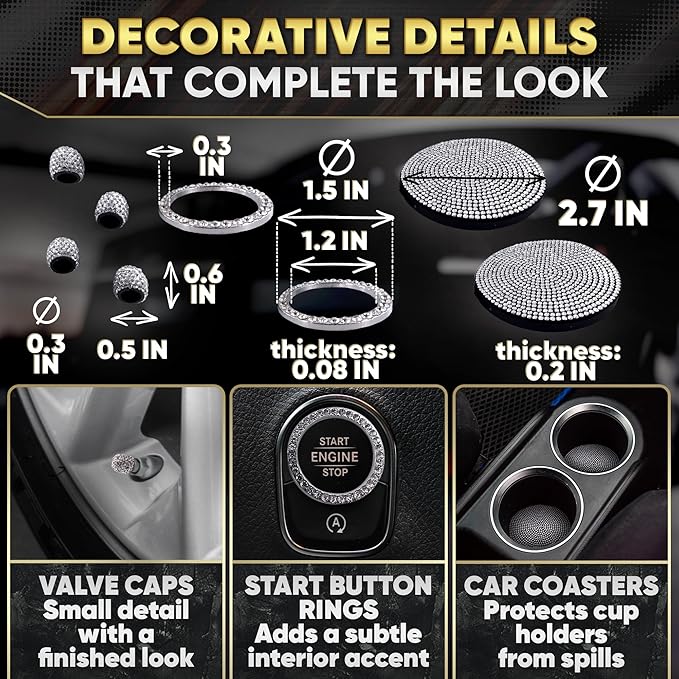 Bling Car Accessories Set 27 Pieces – Silver Steering Wheel Cover, Diamond License Plate Frame, Rhinestone Interior Car Decor, Cup Holders, Hooks, Universal Fit, Great Gift for Auto Lovers