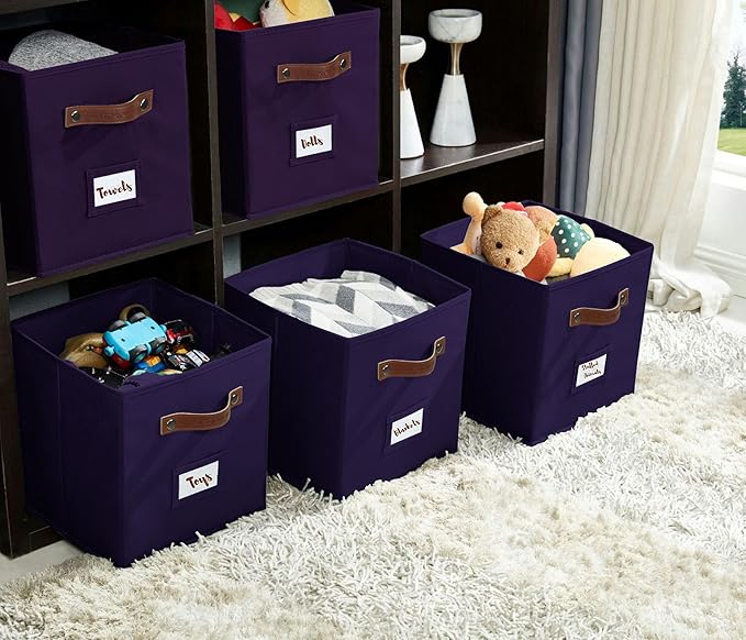 DECOMOMO Storage Bins, Cube Storage Bin with Labels, Fabric Storage Cubes for Shelves (10.5" x 11" / 6pcs, Deep Violet)