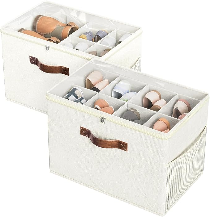 Budding Joy 2 Pack Shoe Organizer for Closet, Clear Foldable Shoe Storage Containers Adjustable Dividers Fits 16 Pairs,Shoe S