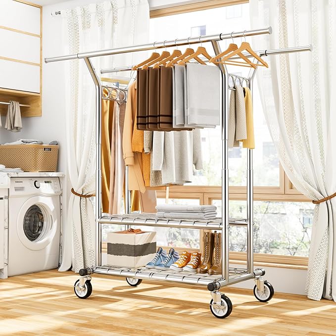 HYSEYY Heavy Duty Clothes Rack, Rolling Clothing Rack With Shelves Load 620 LBS, Double Rod Clothing Racks for Hanging Clothe